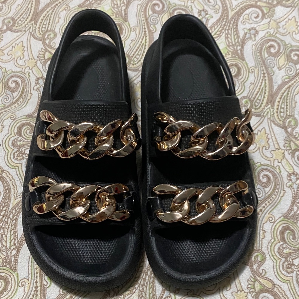 Black Sandals with Gold Chain Accents